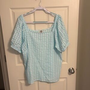Anne Klein Blue and White Puff Sleeve Blouse PLUS SIZE